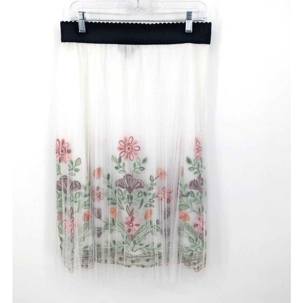 Mlle Gabrielle Skirt Womens Large White Black Floral Embroidered Mesh Lined Boho